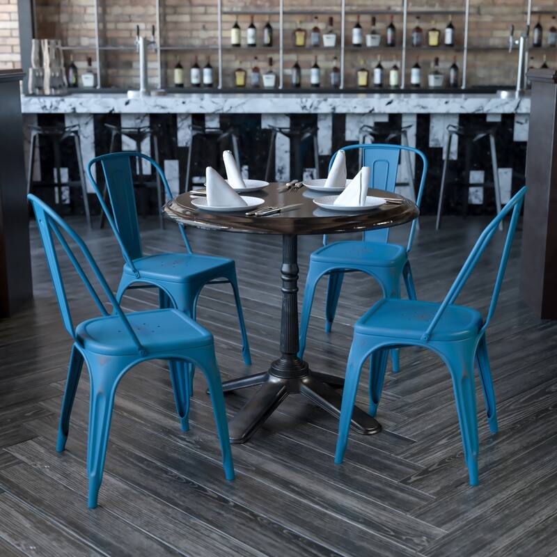Distressed Metal Indoor-Outdoor Stackable Chair - Kitchen Furniture - Antique Blue