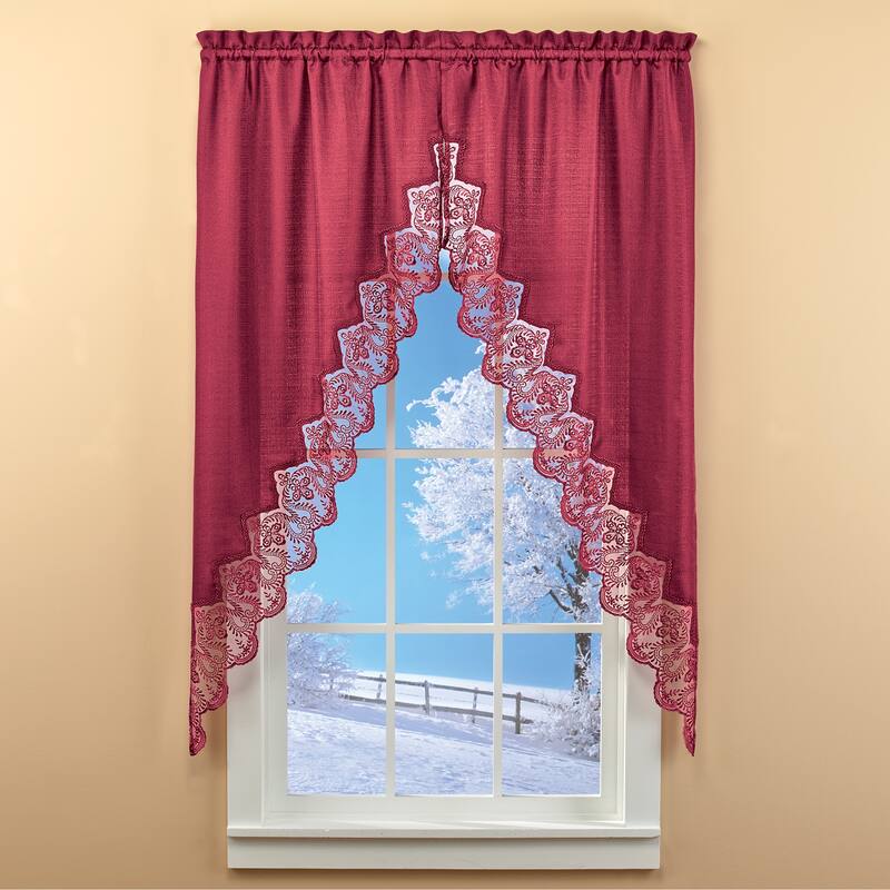 Elegant Lace Border Trim & Solid-Color Window Curtain - Red