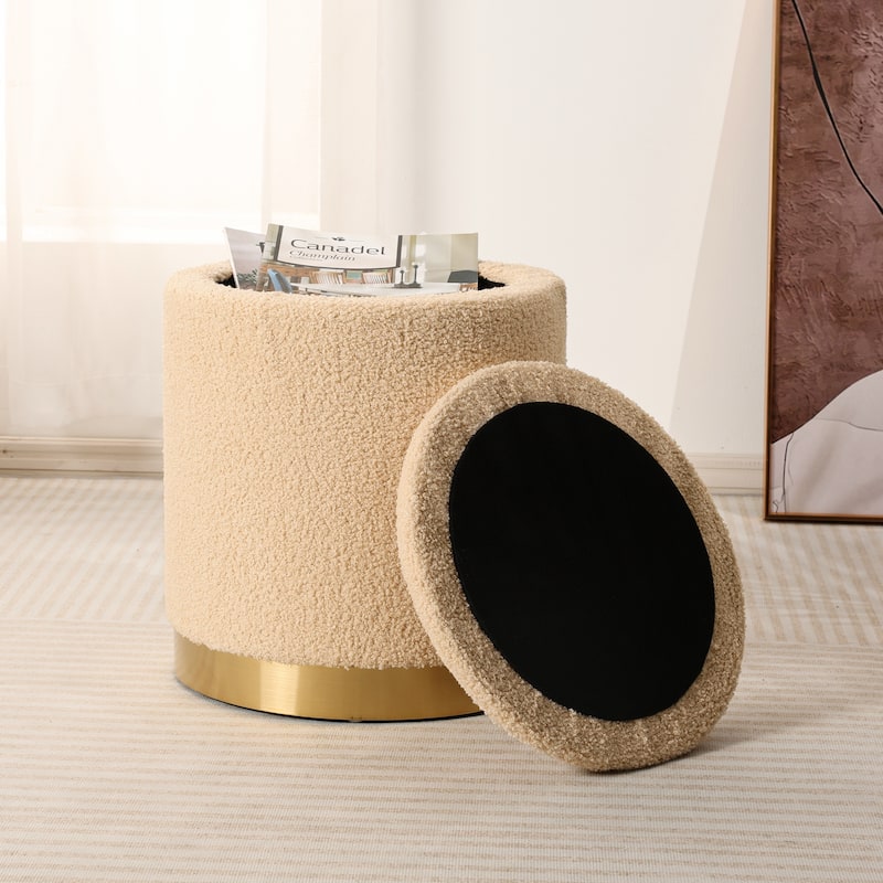 Adeco Velvet Round Storage Stool Gold Plating Base Storage Ottoman