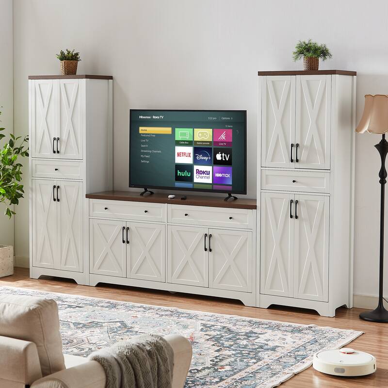 Modern Multi-Functional TV Stand Set, Modular TV Stand with 1 TV Stand and 2 Side Cabinets, for Living Rooms, White+Walnut