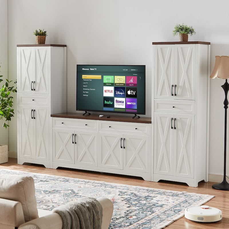 TV Cabinet Set Multifunctional TV Wall, One TV Cabinet and Two Sideboards for Living Room, 108.7"L x 15"W x 68"H.