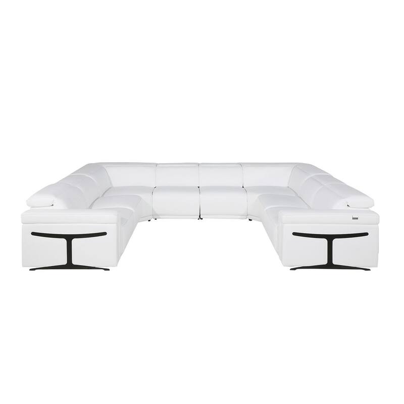 HomeRoots White Italian Leather Power Reclining U Shaped Eight Piece Corner Sectional With Console