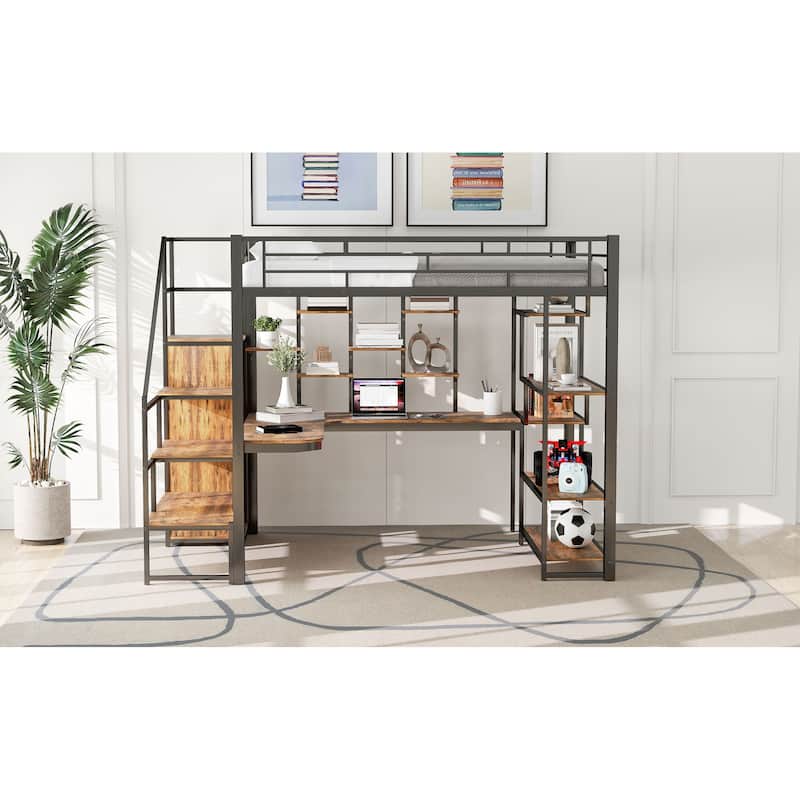 Roomfitters Full Size Metal Loft Bed with Wardrobe, Desk and Storage Staircase