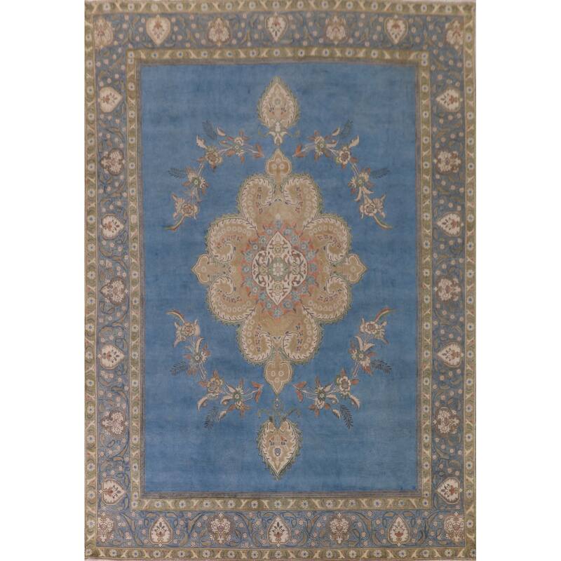 Over-Dyed Blue Tabriz Persian Vintage Rug Handmade Wool Carpet - 9'10"x 13'0"