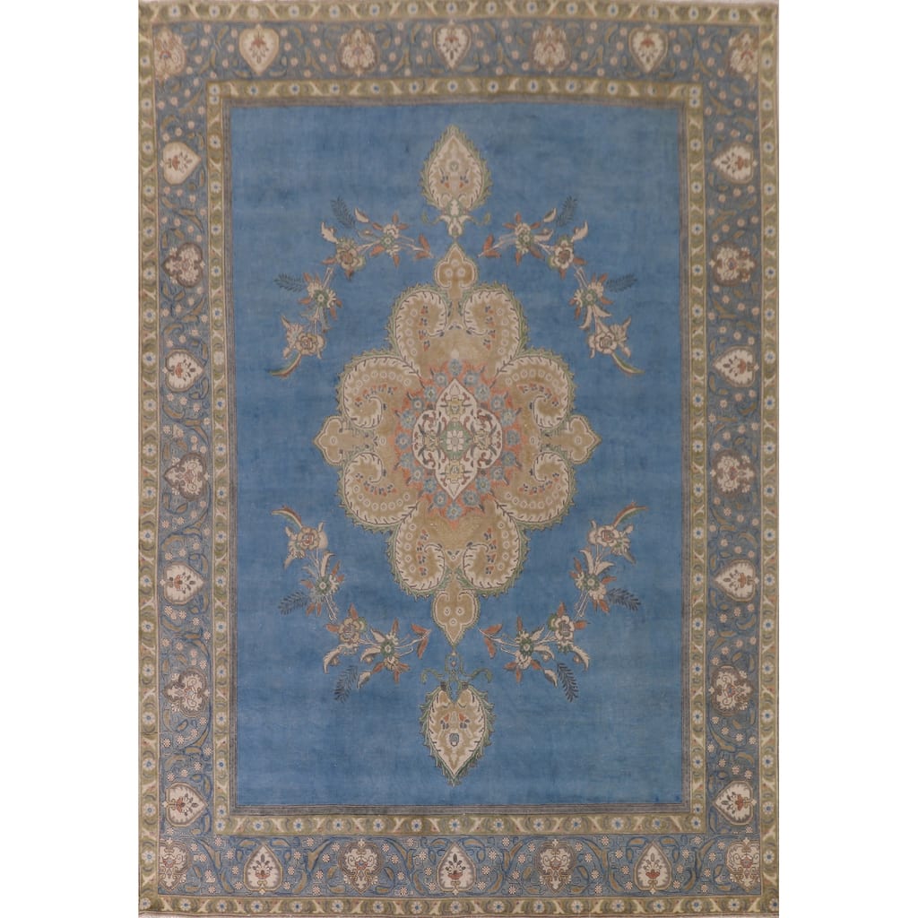 Over-Dyed Blue Tabriz Persian Vintage Rug Handmade Wool Carpet - 9'10"x 13'0"