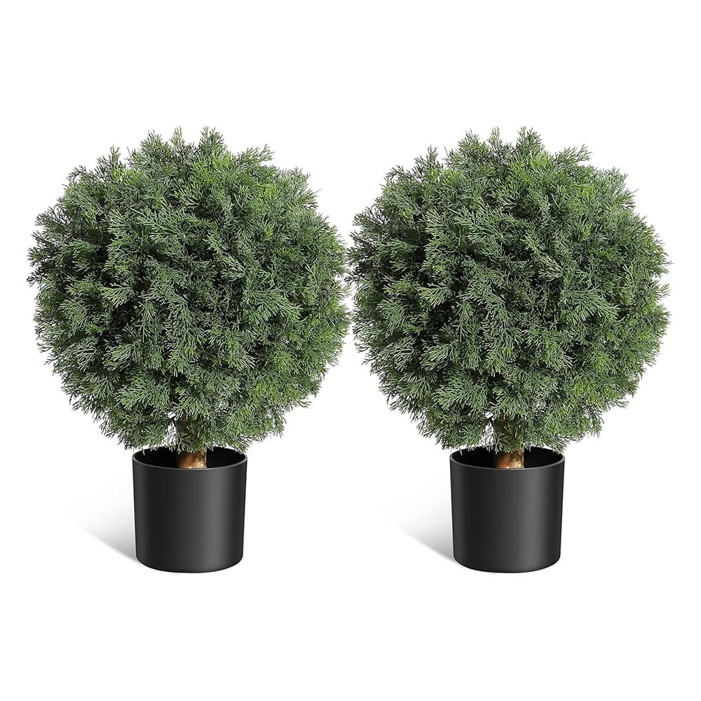 2 Pack Artificial Cedar Ball Tree 24 Inch Cedar Potted Plant - green