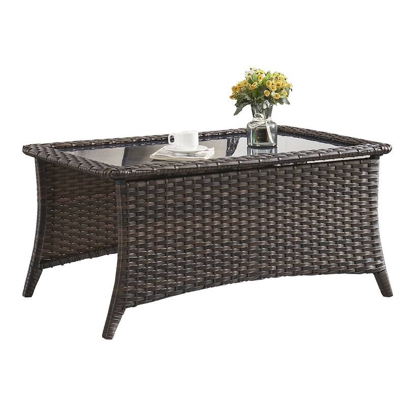 Outdoor Patio Wicker Coffee Table Rattan Coffee Table with Glass