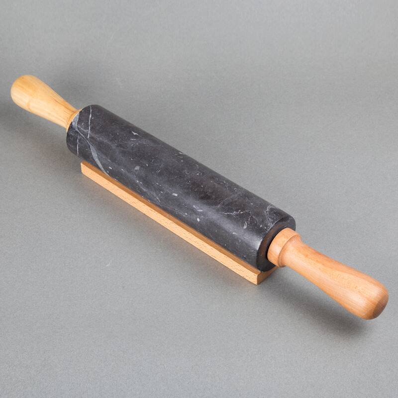 Creative Home Deluxe Natural Charcoal Marble 18" Length Rolling Pin with Wooded Handles and Cradle