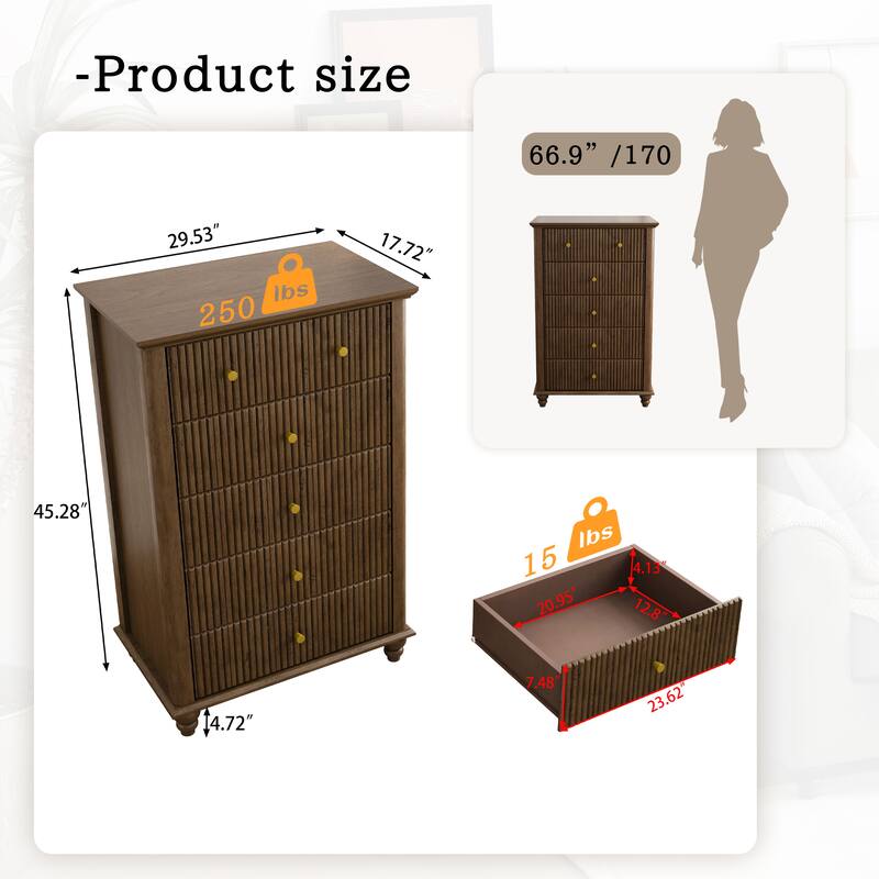 Fluted 5 Drawer Dresser, 45 Inch Tall Modern Chest of Drawers, Bedroom Dresser with Metal Handle, Wooden Drawer Organizer