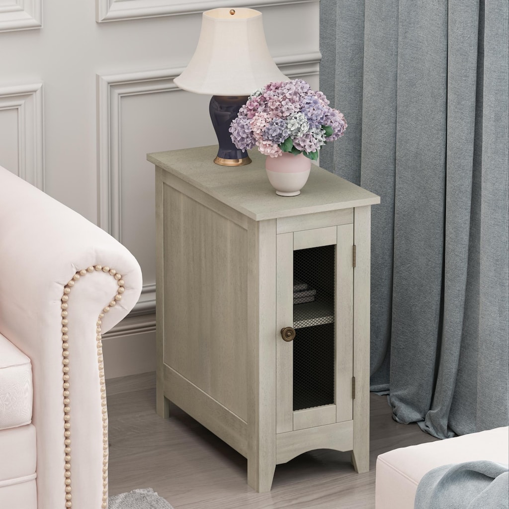Narrow Accent Side Table with Storage Cabinet and Fixed Shelf Space Saving Design