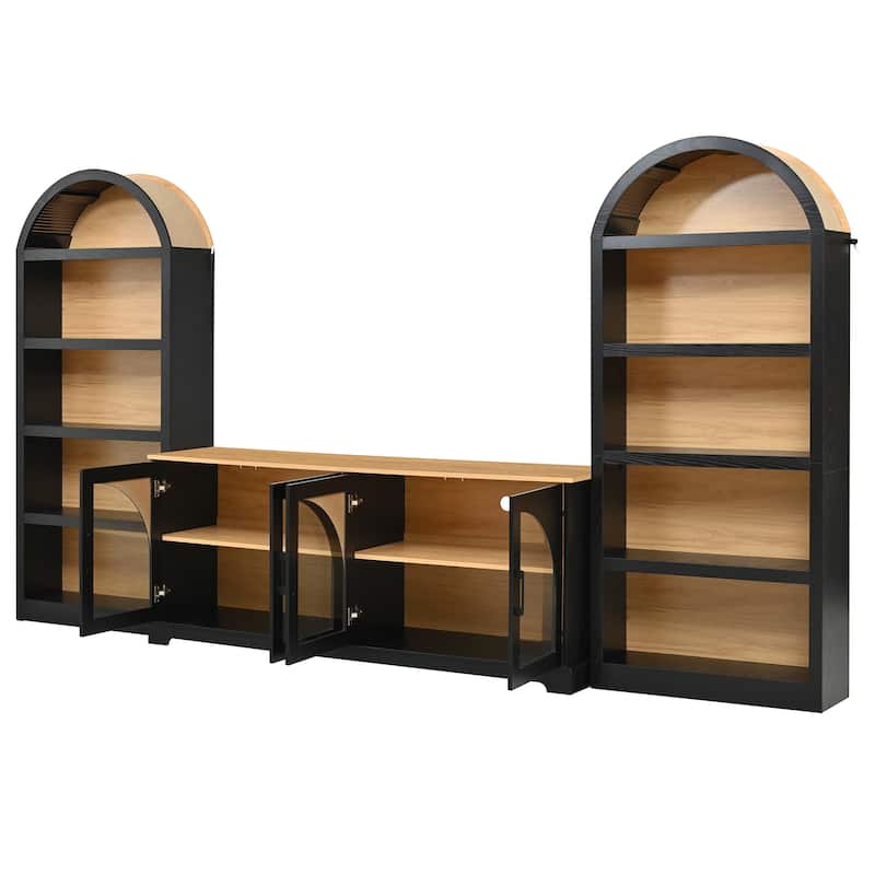 3-Piece Entertainment Center with Bookshelves for TVs up to 70", Retro Wall Unit TV Stand with Glass Doors, Media Console Table