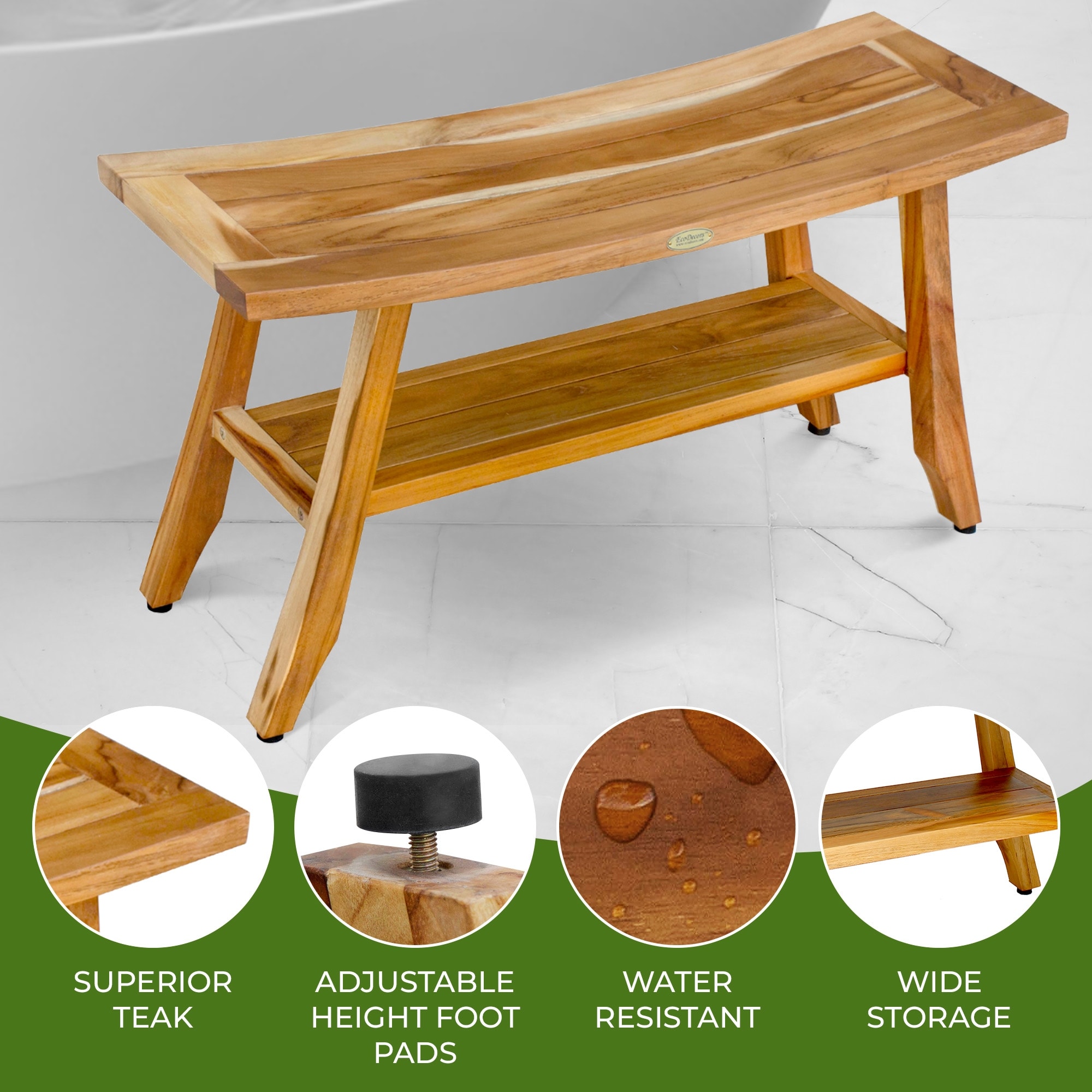 EcoDecors Satori 34 Inch Teak Shower Bench Wooden Bench