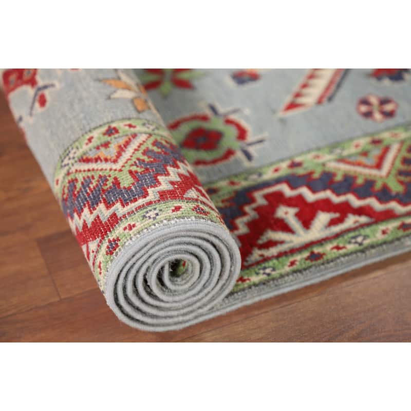Light Blue Kazak Runner Rug Hand-Knotted Oriental Wool Carpet - 2'9" x 9'7"