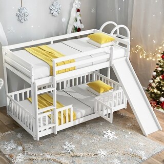 Twin over Twin Floor Bunk Bed Solid Pine Wood Bunk Bed with Slide and Ladder, Safety Guardrails