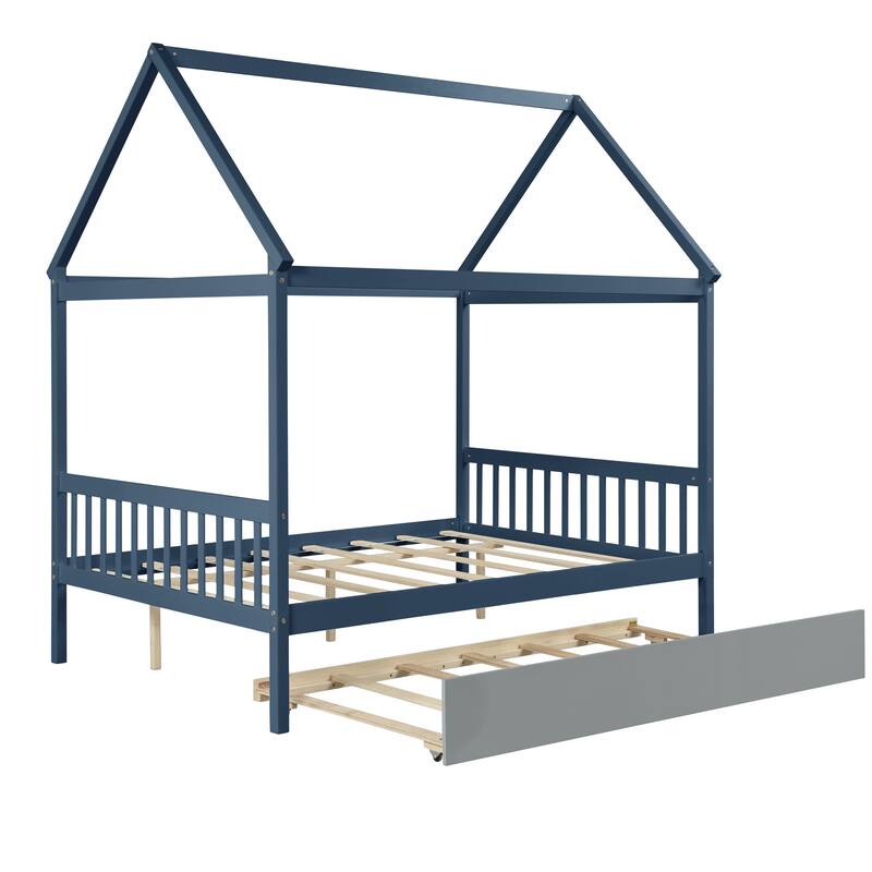 Blue Full Size Wood House Bed with Trundle, Roof and Fence for Kids, Boys and Girls