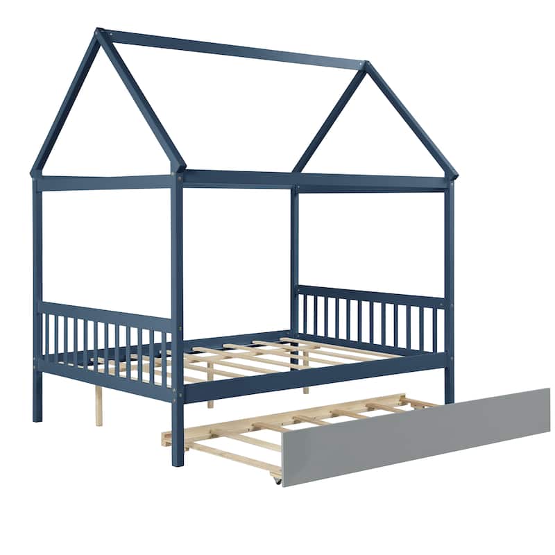 Full Size Wood House Bed with Trundle and Roof