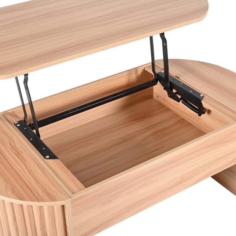Wood Lift Top Coffee Table with Hidden Storage, 47" Oval Lift Table Top wavy grooves Design Conversation Table