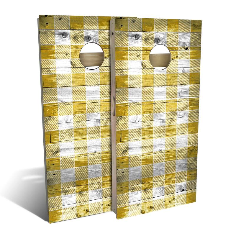 Yellow Checkered Outdoor Cornhole Board Set - Backyard 2x4 - Include Hole + Edge Lights