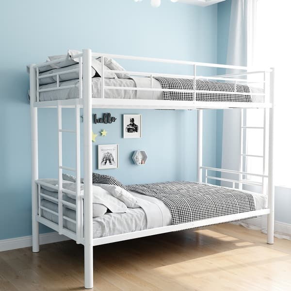 slide 2 of 6, Twin Over Twin Size Bunk Bed with Ladder and High Guardrail, Able to Split, Metal Bunk Bed with Storage Space, White White