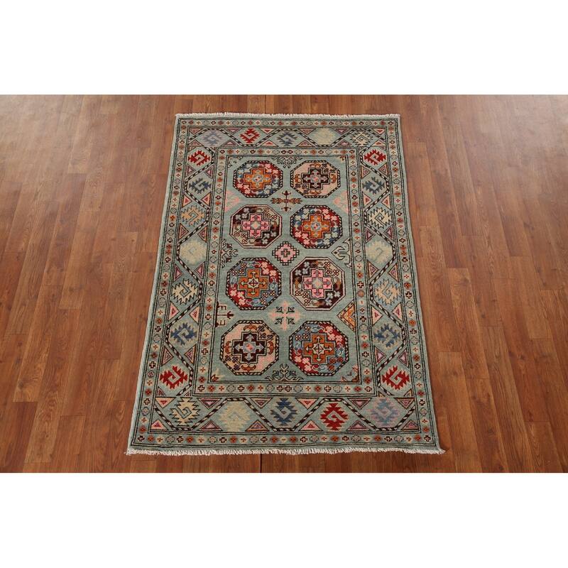 Geometric Kazak Rug Hand-Knotted Blue Wool Carpet - 3'3"x 4'11"