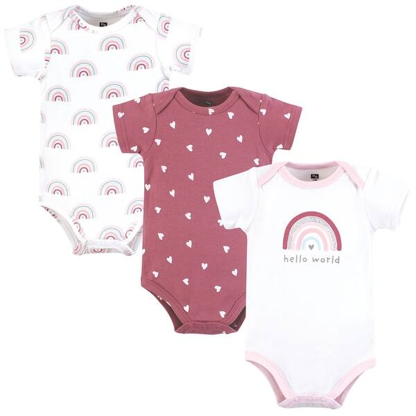 slide 1 of 1, Hudson Baby Infant Girl Cotton Bodysuits, Hello World Rainbow 0-3 Months - Hello World Rainbow