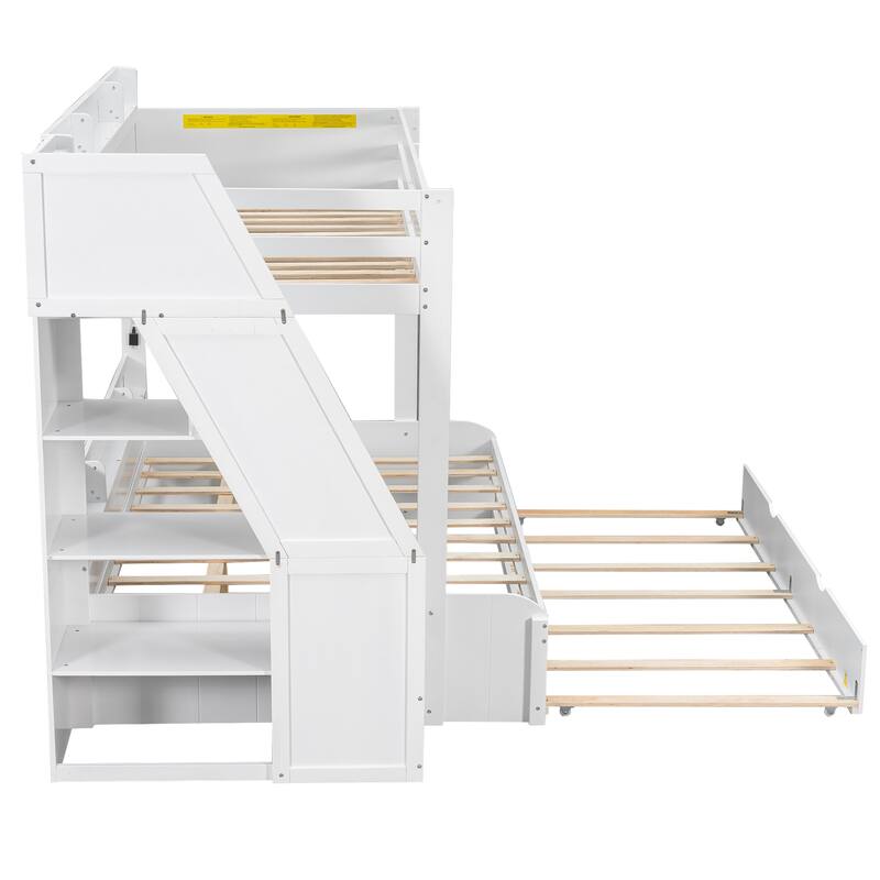 Twin Over Full Size Bunk Bed with Built-in 3-in-1 Storage Shelves and Charging Station, Pull-out Trundle, Storage Staircase