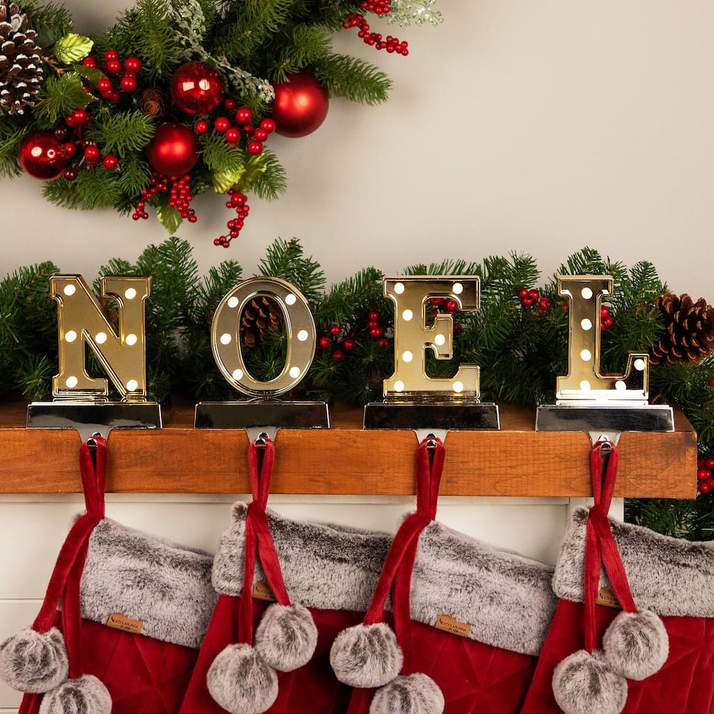 Set of 4 Gold Silver LED Lighted "NOEL" Christmas Stocking Holder 6.5"