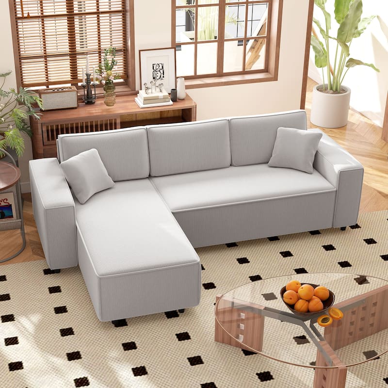 HOMCOM 95" Sectional Sofa with Reversible Chaise Lounge, L-Shaped Corner Sofa with Corduroy Fabric, Pocket Spring, 2 Pillows