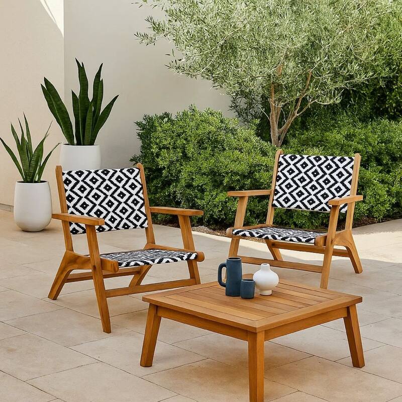 Outdoor Set of 2, Black White Print, Brown Solid Acacia Wood