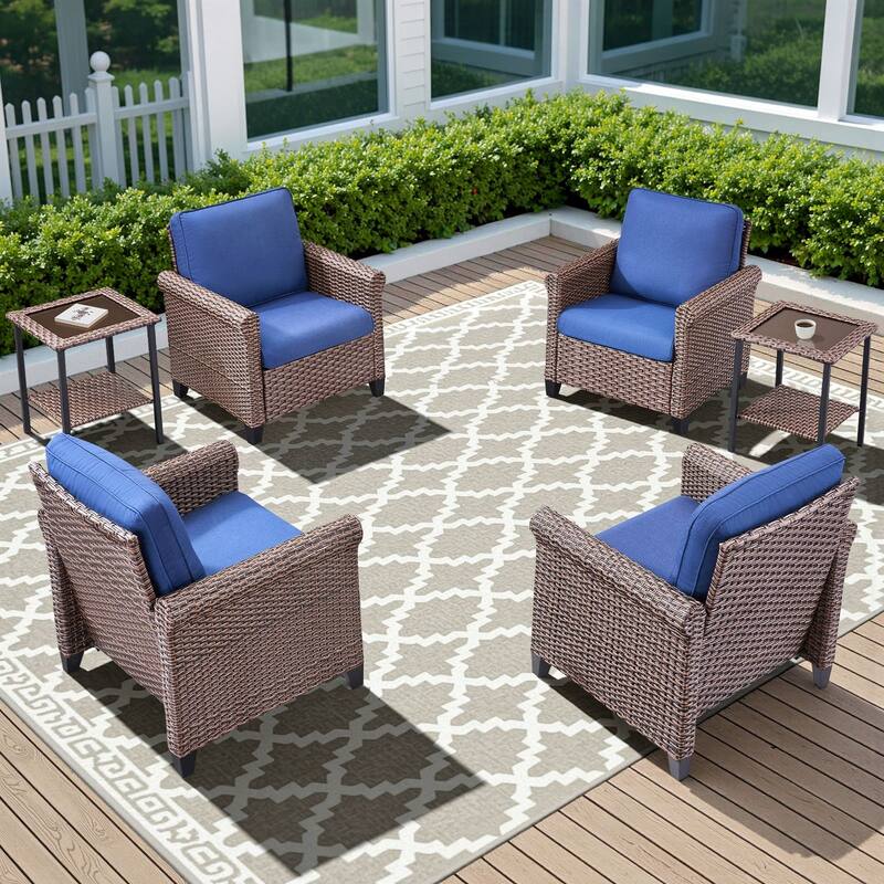 Pocassy Outdoor Sofa Swivel Chairs Patio Chair Funiture Set - 6PCS Patio Chair w/ Table - Brown Wicker Beige Cushion