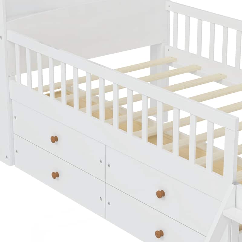Twin Bed Frame with Storage 4 Drawers,Wooden Bed Frame for Kids,Platform Twin Size Bed with Guardrail Headboard