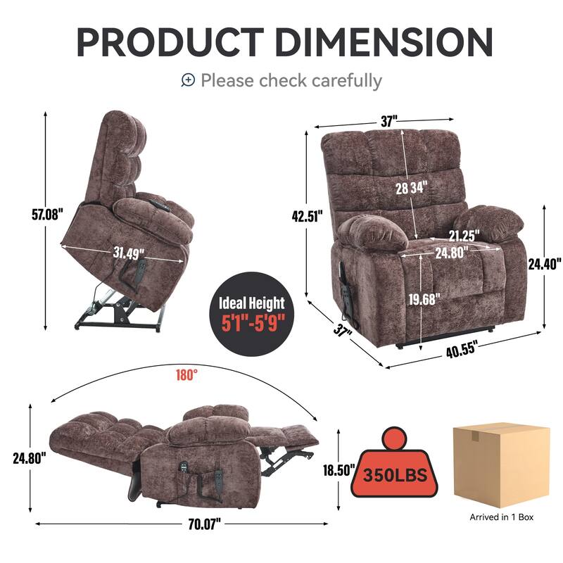 Chenille Power Lift Recliner Chair for Big and Tall with Massage, Heat, Dual Motors, and 180° Recline