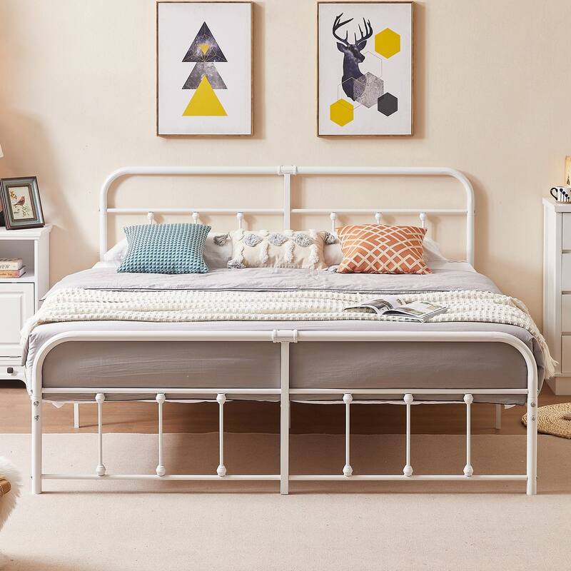 VECELO Metal Bed Frame with Headboard Classic Metal Platform Bed Frame Mattress Foundation with Victorian Style Footboard