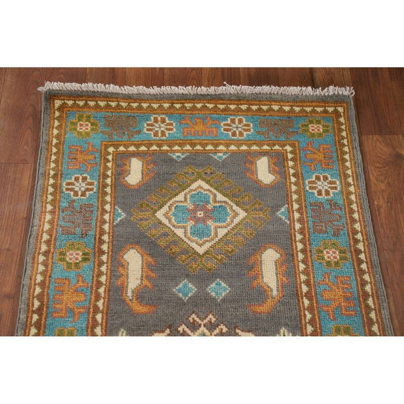 Gray Geometric Kazak Oriental Runner Rug Handmade Grey Wool Carpet - 2'1" x 10'1"