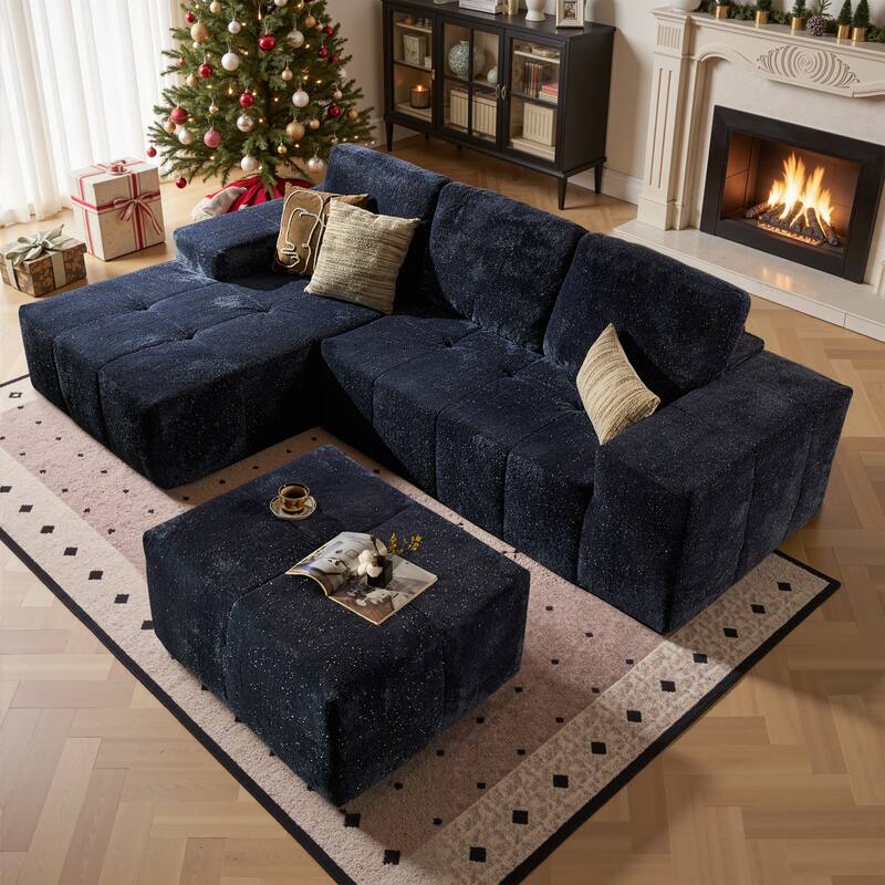 HOOOWOOO Modern Sparkly Velvet Fabric Chaise Sofa Couch with Ottoman - Blue-Left Chaise