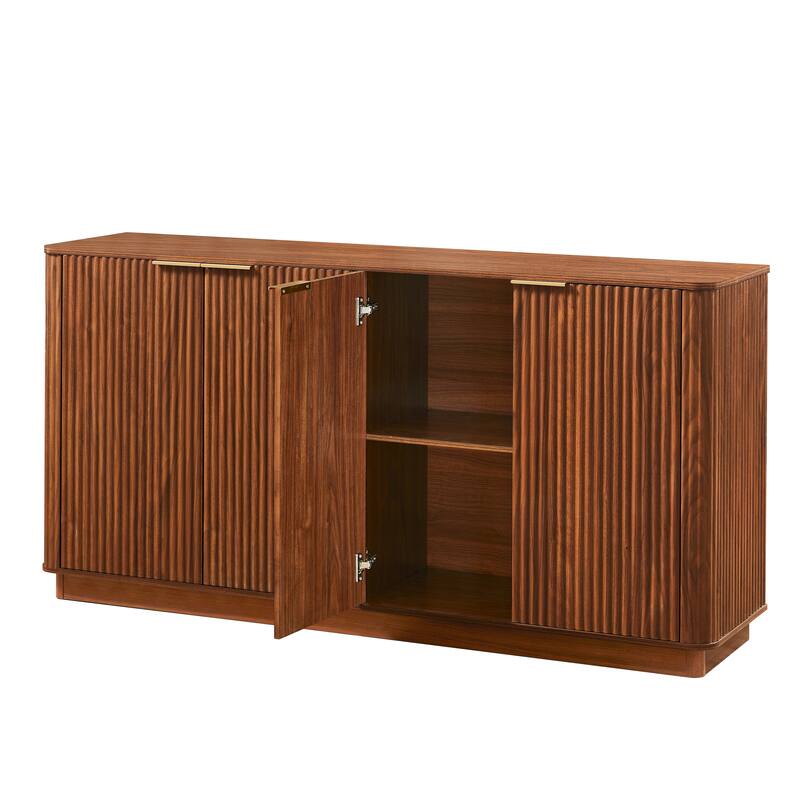 Anmytek Mid-Century Modern Sideboard with Fluted Detailing and Gold Handles in Walnut Finish