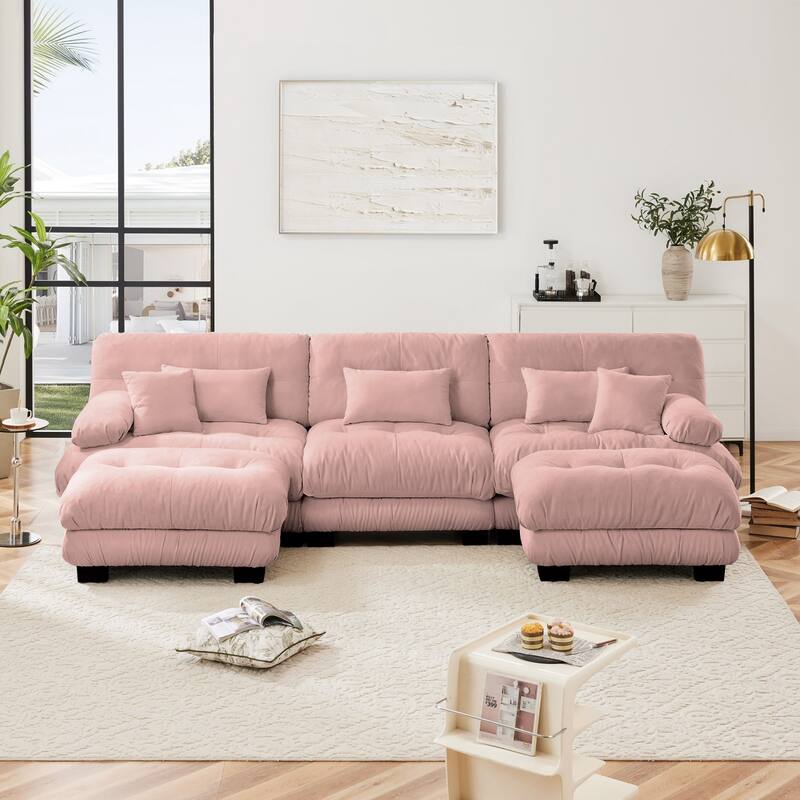 Modular U-shaped Deep Seat Sectional Sofa Couch with 2 Ottomans and Pillows - Pink