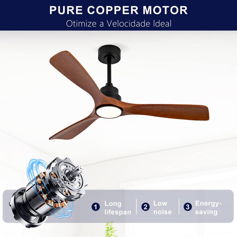 52 Inch Modern Black Ceiling Fan With Light 3 Solid Wood Blades Remote Control Reversible DC Motor With Dimmable LED
