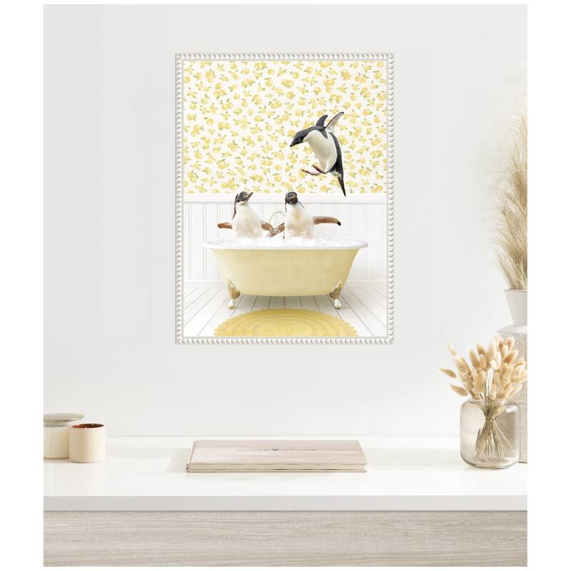 Kate and Laurel Sylvie Penguins in Cottage Yellow Bathtub Framed Canvas by Amy Peterson