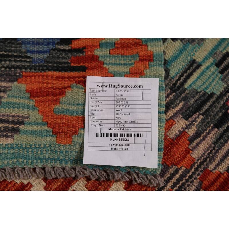 Kilim Oriental Area Rug Hand-Woven Geometric Wool Carpet - 8'3"x 9'8"