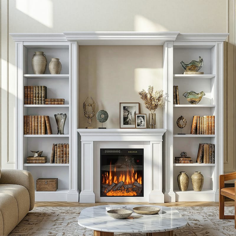Electric Fireplace Mantel with Bookshelves, 115.5" Entertainment Center with Built-in Shelving - White TV Stand&Fireplace