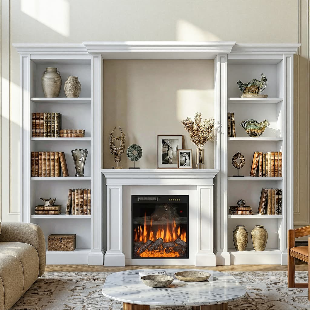 Electric Fireplace Mantel with Bookshelves, 115.5" Entertainment Center with Built-in Shelving