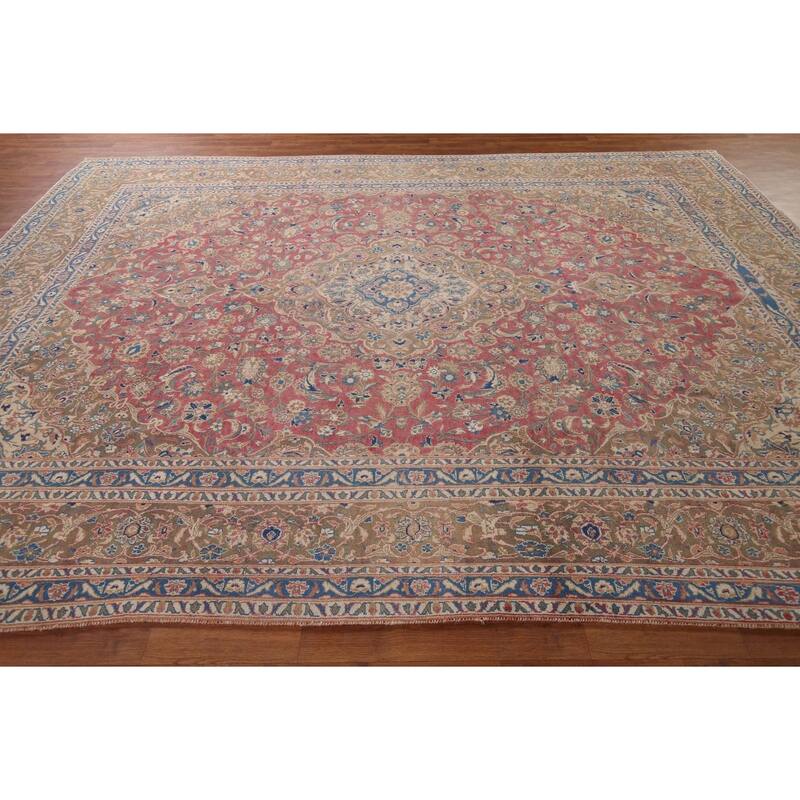 Traditional Pink Mashad Persian Vintage Rug Hand-Knotted Wool Carpet - 9'4" x 12'5"
