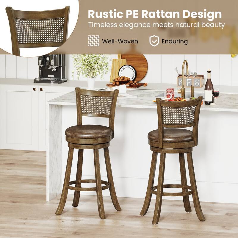 Gymax Set of 2 Bar Stools 30'' Swivel Bar Chairs w/ PE Rattan Backrest