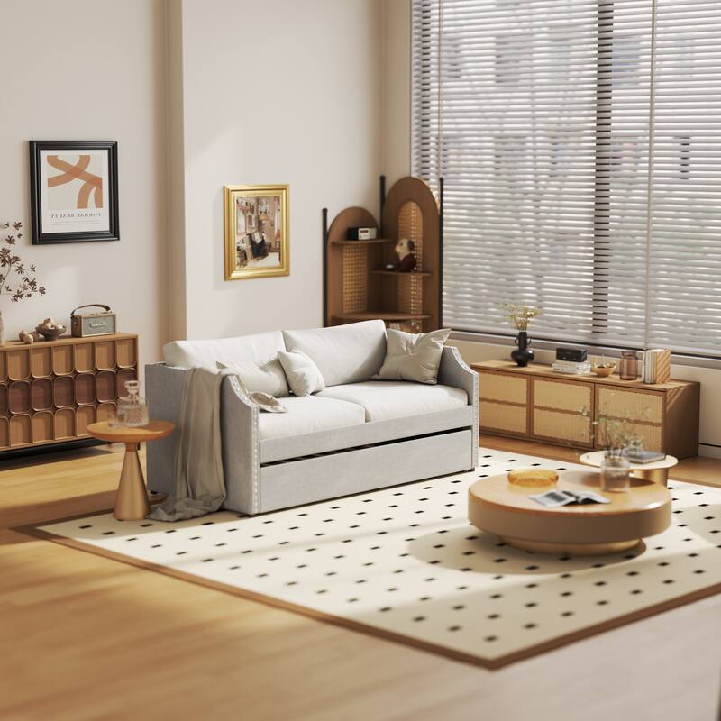 Modern Trundle Twin Daybed with Slats Support & Button Tufted Backrest