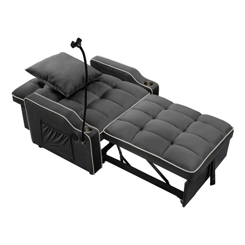 Convertible Single Chair Bed,3 in 1 Velvet Futon Sleeper Sofa Bed with Phone Holder & USB Ports,Pull Out Couch Bed
