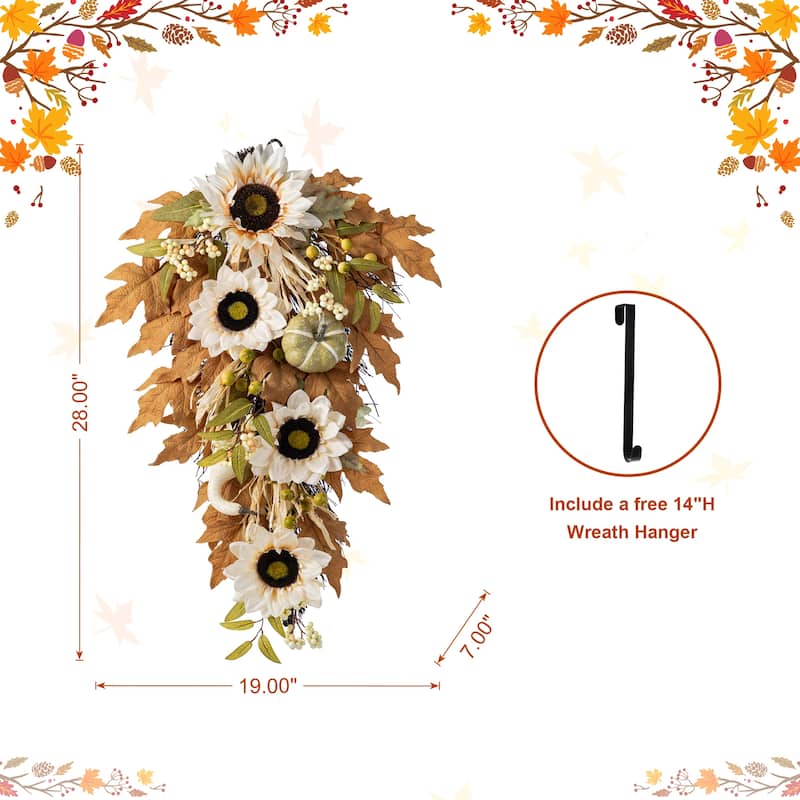 Glitzhome 26"H Fall Sunflower Pumpkin Lotus Leaf Teardrop Swag for Thanksgiving