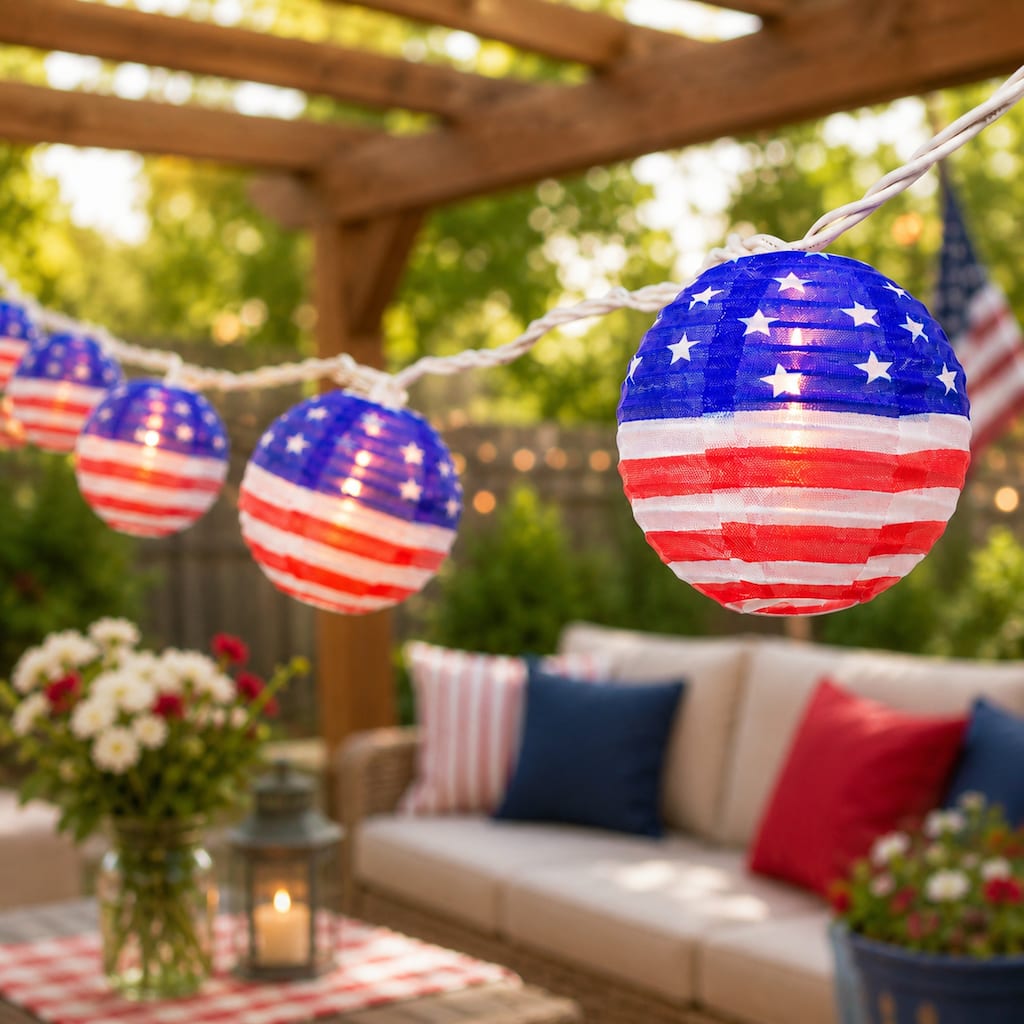 American Flag Paper Lantern Patio Lights 8.5' White Wire 10ct