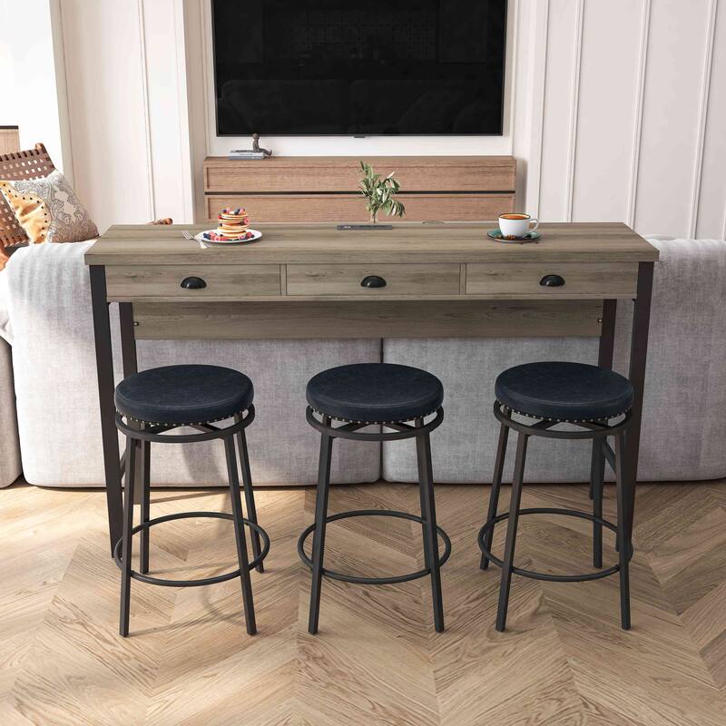 3-Drawer Long Dining Table Set with Power Outlets