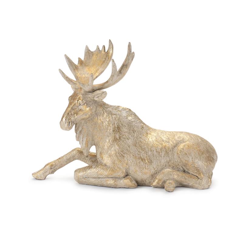 Set of 2 Resin Winter Moose Figurines with Gold and Beige Finish for Holiday Tabletop and Mantel Decor